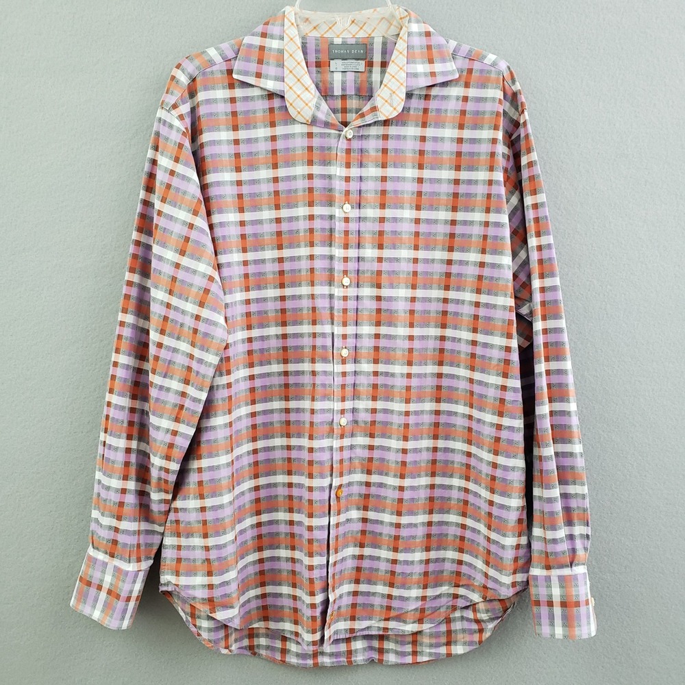 Thomas Dean Mens Large Button Down Shirt Orange Purple Gray Plaid Embroidered‎